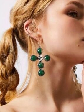 Free People Time Is On My Side Emerald Green Cross Drop Earrings